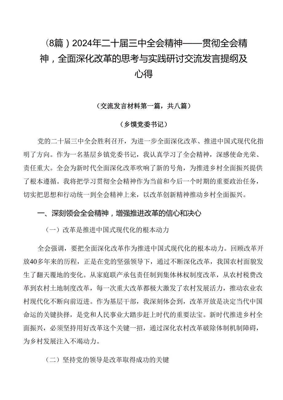 （8篇）2024年二十三中全会精神——贯彻全会精神全面深化改革的思考与实践研讨交流发言提纲及心得.docx_第1页