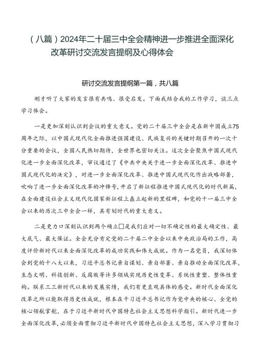 （八篇）2024年二十三中全会精神进一步推进全面深化改革研讨交流发言提纲及心得体会.docx