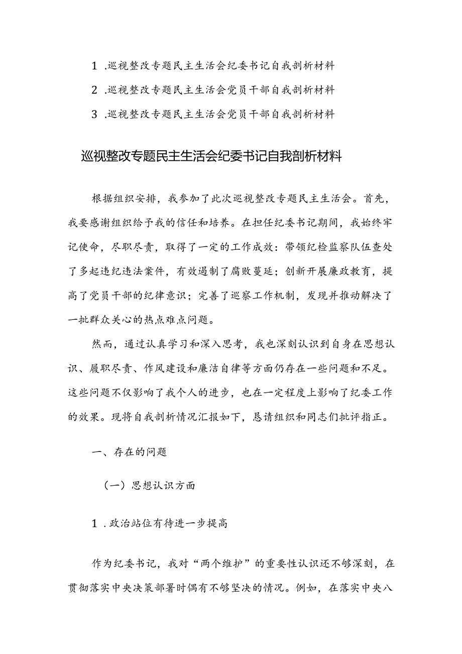 2024年巡视整改专题民主生活会纪委书记自我剖析材料范文3篇.docx_第1页