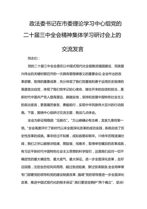 政法委书记在市委理论学习中心组党的二十三中全会精神集体学习研讨会上的交流发言.docx