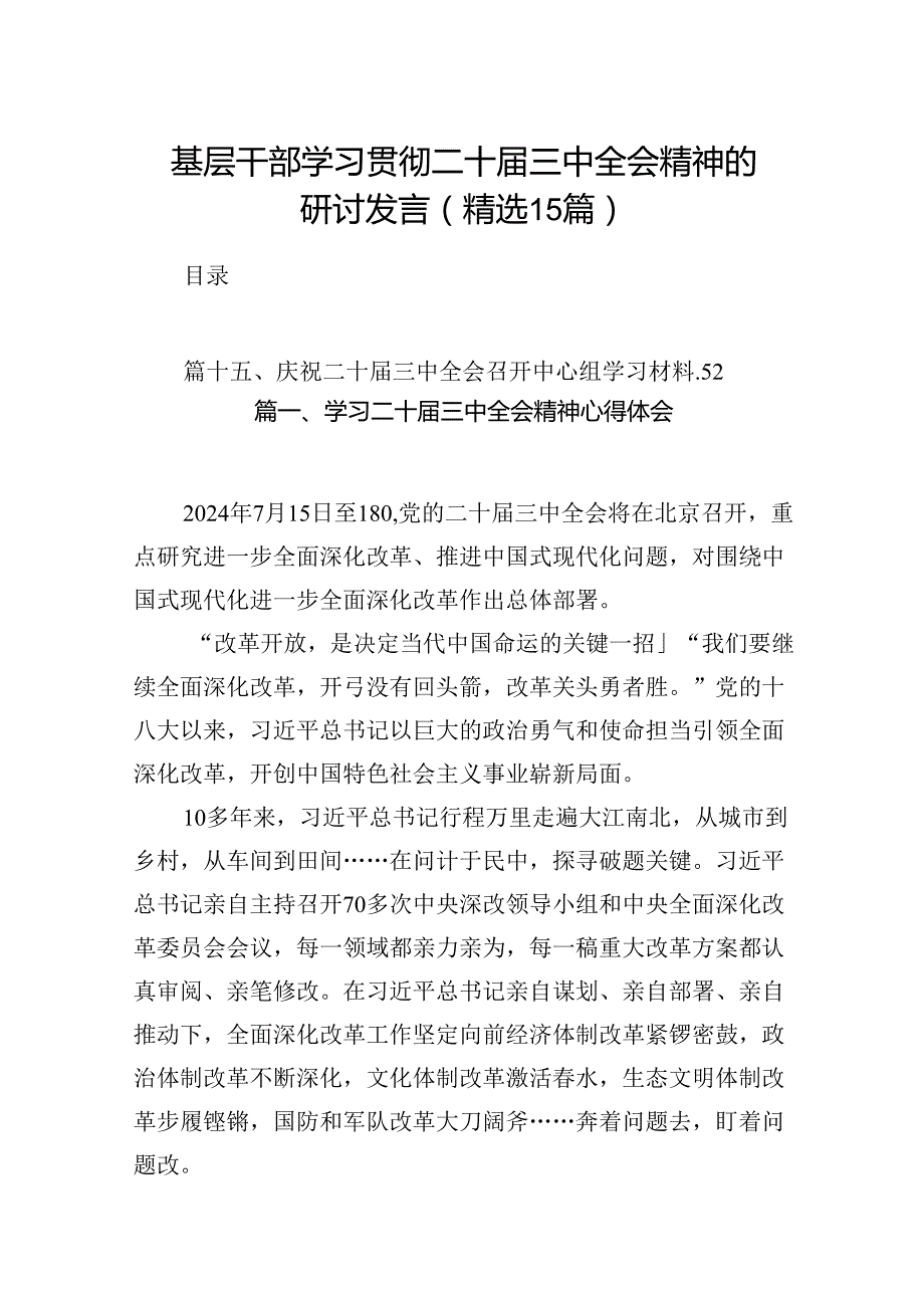 基层干部学习贯彻二十三中全会精神的研讨发言(精选15篇).docx_第1页