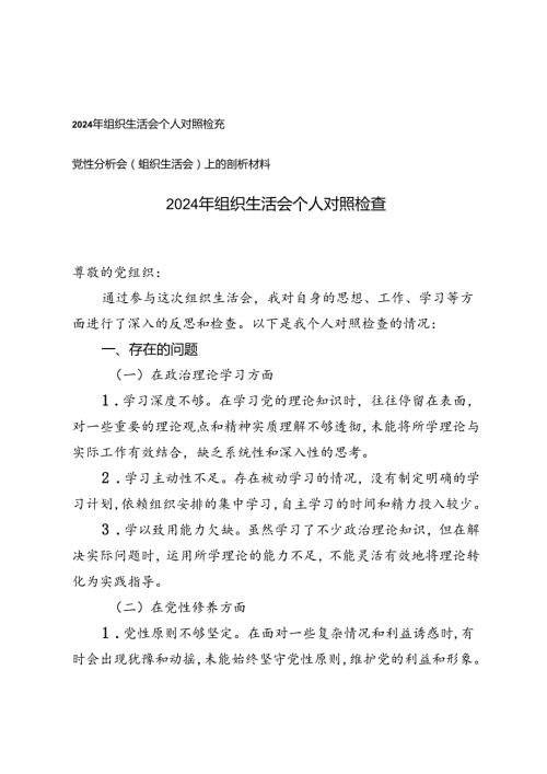 2024年组织生活会个人对照检查、党性分析会（组织生活会）上的剖析材料.docx