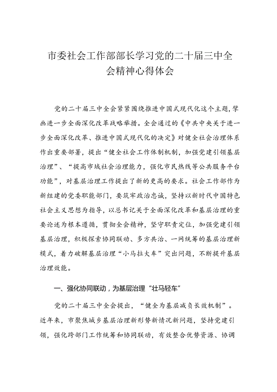 市委社会工作部部长学习党的二十三中全会精神心得体会(1).docx_第1页