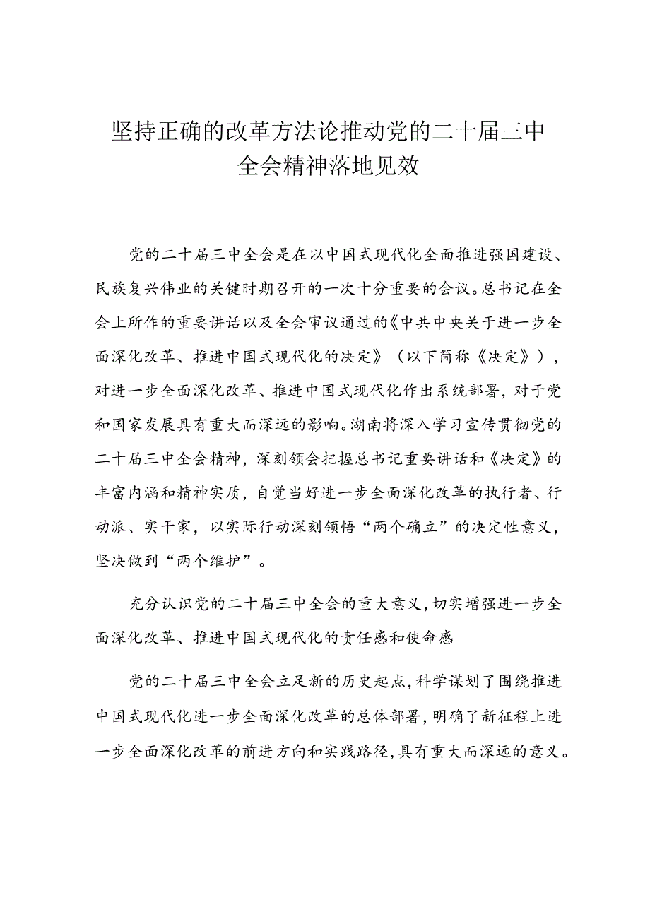 坚持正确的改革方法论推动党的二十三中全会精神落地见效讲话稿.docx_第1页