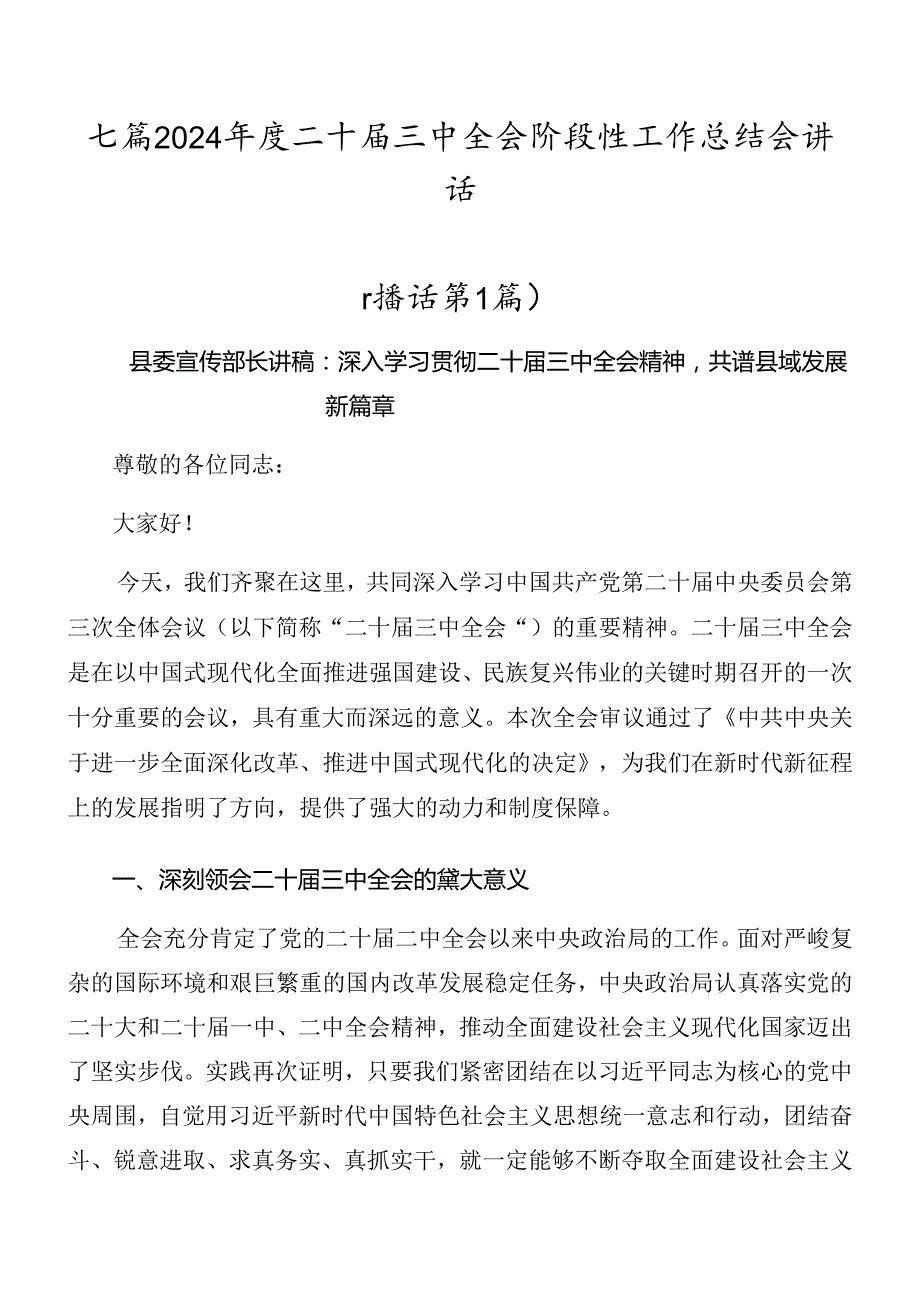 七篇2024二十三中全会阶段性工作总结会讲话.docx_第1页