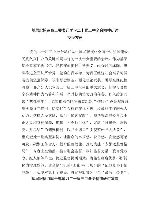 基层纪检监察工委书记学习二十三中全会精神研讨交流发言8篇（精选）.docx