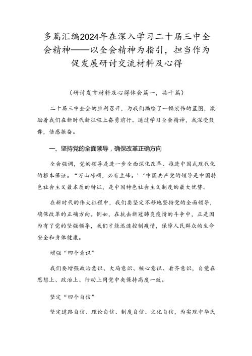 多篇汇编2024年在深入学习二十三中全会精神——以全会精神为指引担当作为促发展研讨交流材料及心得.docx