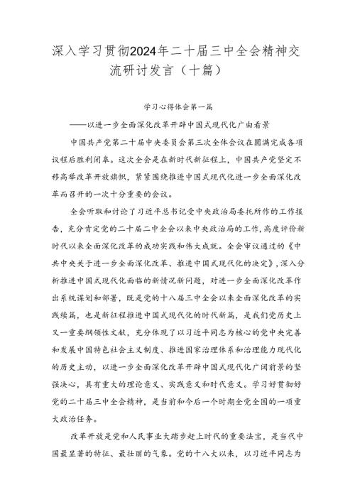 深入学习贯彻2024年二十三中全会精神交流研讨发言（十篇）.docx