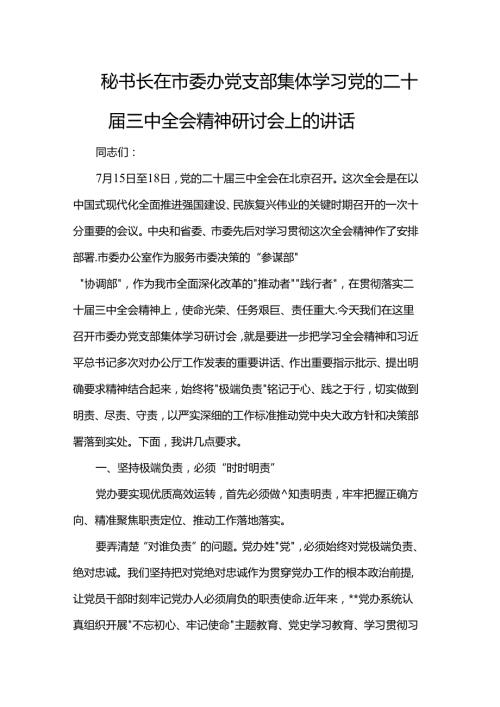 秘书长在市委办党支部集体学习党的二十三中全会精神研讨会上的讲话.docx
