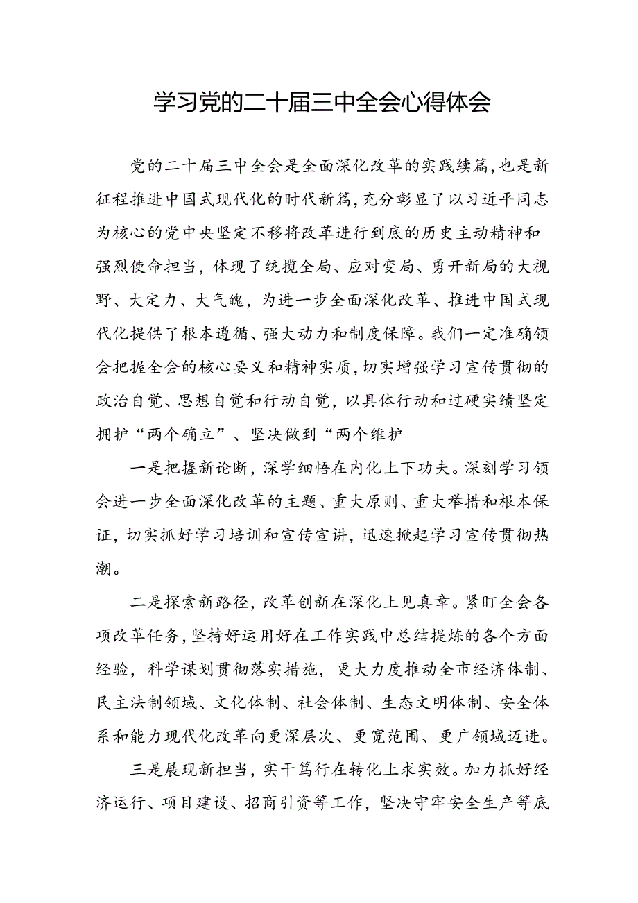 学习2024年学习党的二十三中全会个人心得感悟 （4份）51.docx_第1页