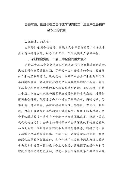 县委常委、副县长在全县传达学习党的二十三中全会精神会议上的发言8篇（精选版）.docx