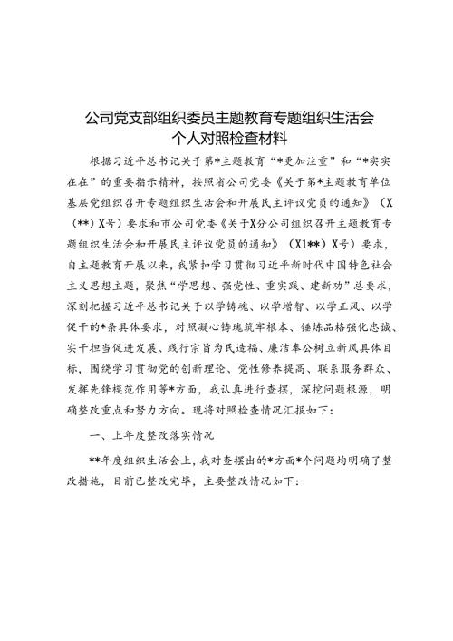 公司党支部组织委员主题教育专题组织生活会个人对照检查材料.docx