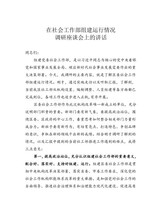 在社会工作部组建运行情况调研座谈会上的讲话.docx