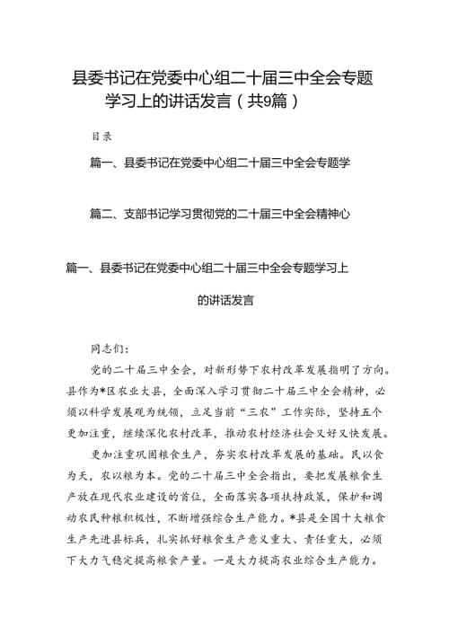 (9篇)县委书记在党委中心组二十三中全会专题学习上的讲话发言（最新版）.docx