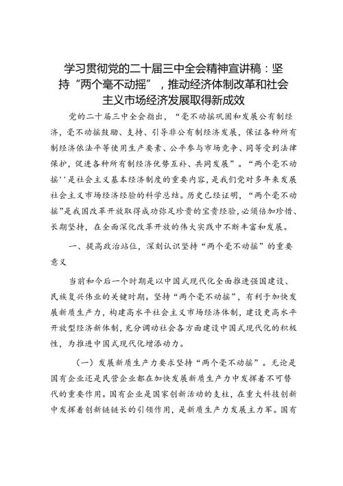学习贯彻党的二十三中全会精神宣讲稿：坚持“两个毫不动摇”,推动经济体制改革和社会主义市场经济发展取得新成效.docx