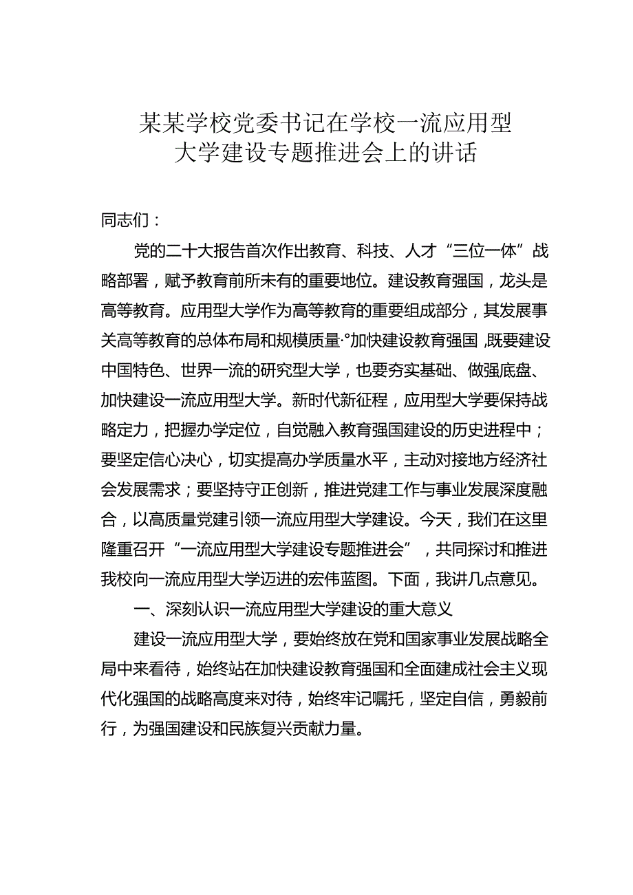 某某学校党委书记在学校一流应用型大学建设专题推进会上的讲话.docx_第1页