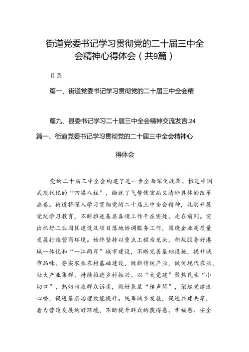 (9篇)街道党委书记学习贯彻党的二十三中全会精神心得体会范文.docx
