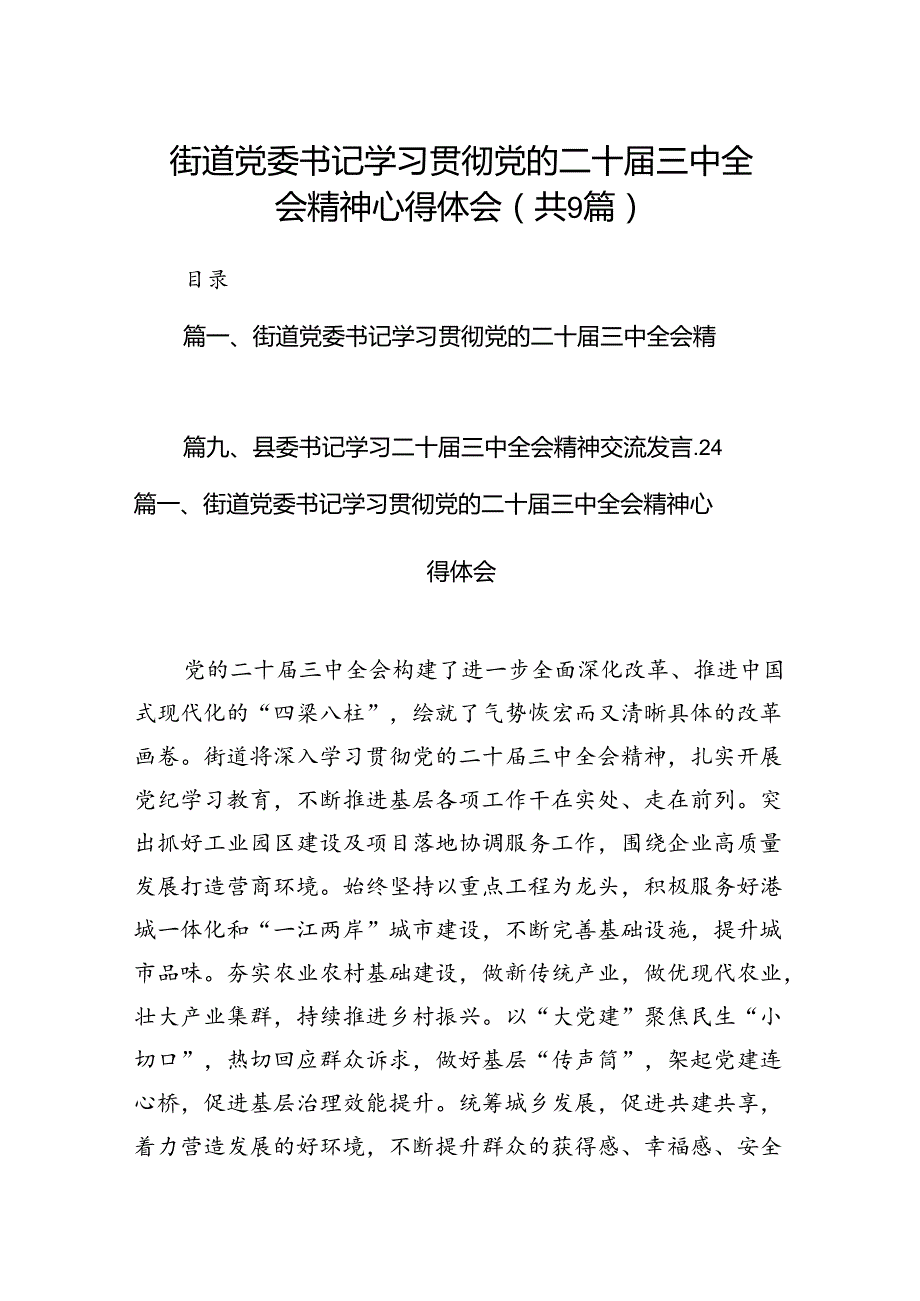 (9篇)街道党委书记学习贯彻党的二十三中全会精神心得体会范文.docx_第1页