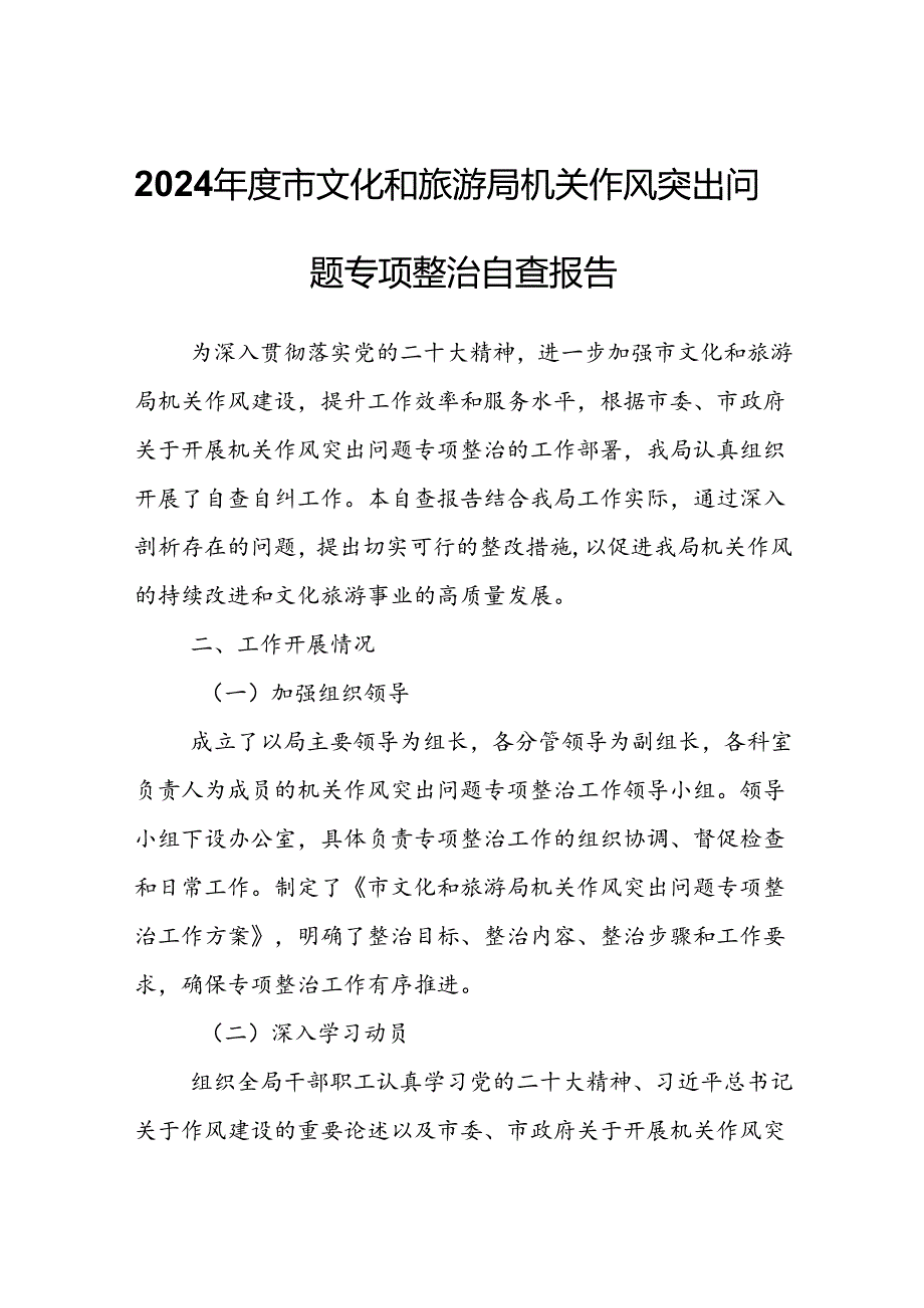 2024市文化和旅游局机关作风突出问题专项整治自查报告.docx_第1页