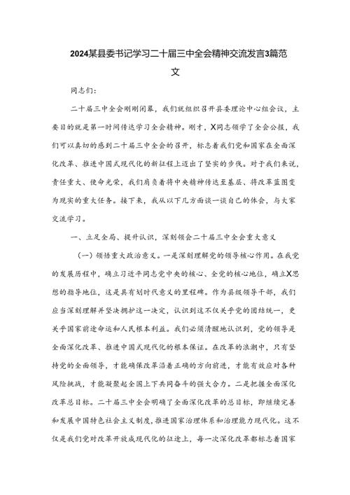 2024某县委书记学习二十三中全会精神交流发言3篇范文.docx