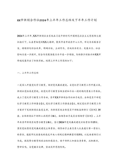 XX市供销合作社2024年上半年工作总结及下半年工作计划.docx