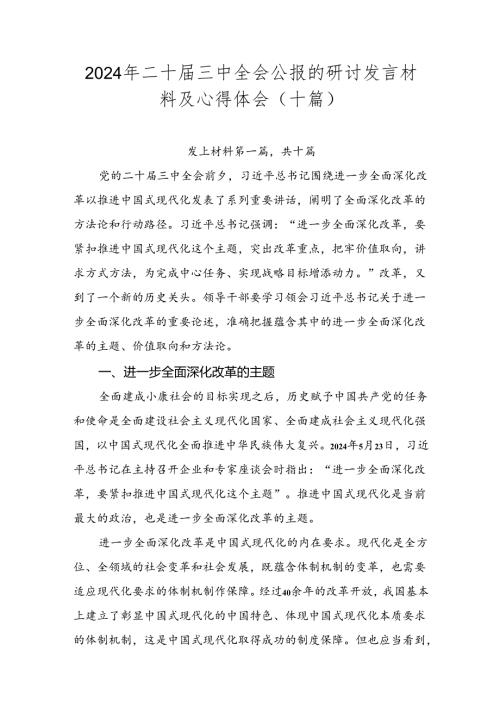 2024年二十三中全会公报的研讨发言材料及心得体会（十篇）.docx