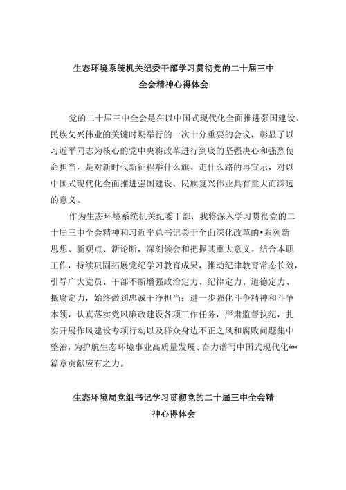 生态环境系统机关纪委干部学习贯彻党的二十三中全会精神心得体会8篇（最新版）.docx