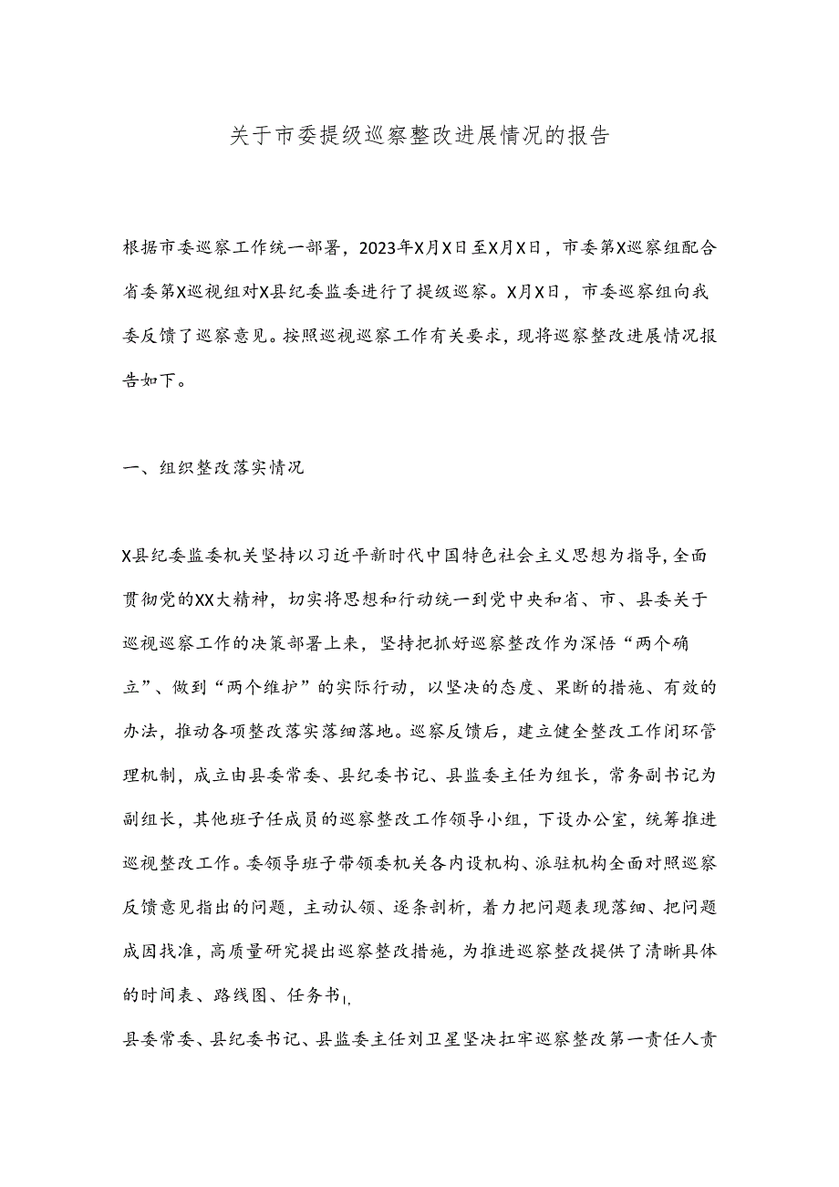 关于市委提级巡察整改进展情况的报告.docx_第1页