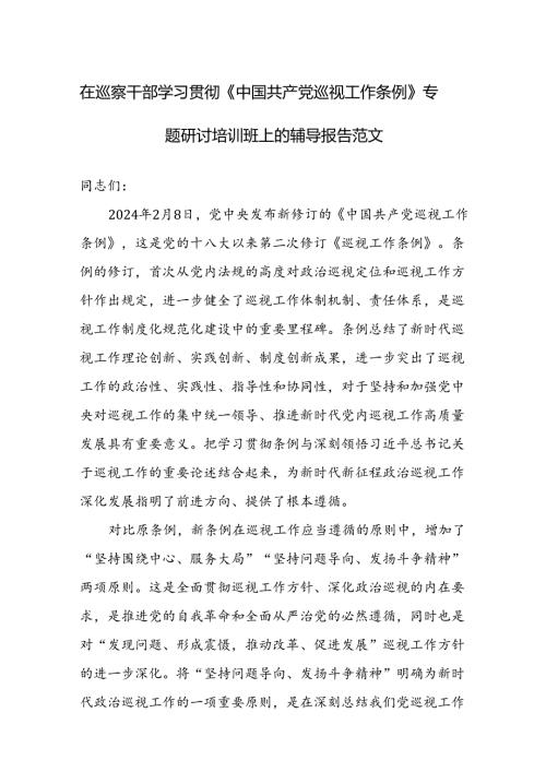 在巡察干部学习贯彻《中国共产党巡视工作条例》专题研讨培训班上的辅导报告范文.docx