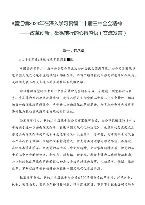 8篇汇编2024年在深入学习贯彻二十三中全会精神——改革创新砥砺前行的心得感悟（交流发言）.docx