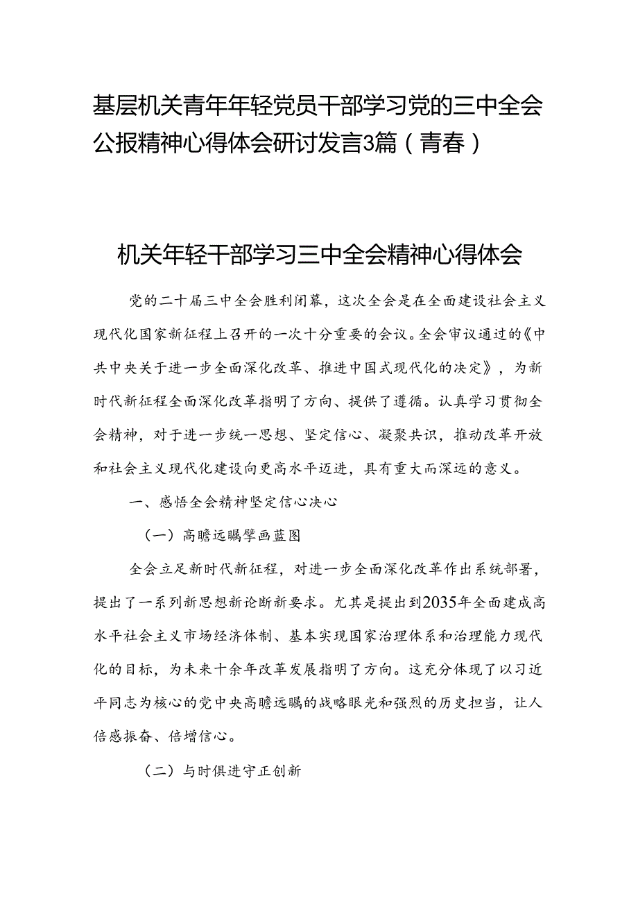 基层机关青年年轻党员干部学习党的三中全会公报精神心得体会研讨发言3篇（青）.docx_第1页