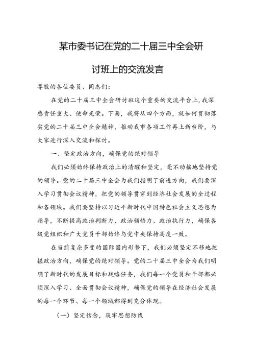 某市委书记在党的二十三中全会研讨班上的交流发言1.docx