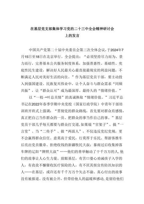 在基层党支部集体学习党的二十三中全会精神研讨会上的发言8篇（精选）.docx