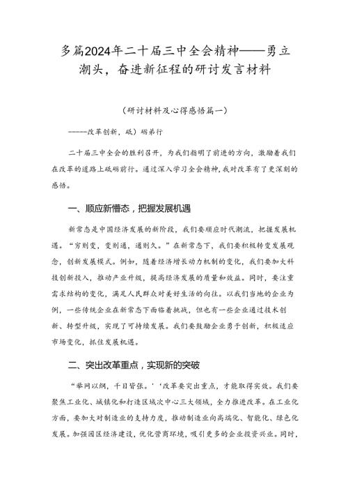 多篇2024年二十三中全会精神——勇立潮头奋进新征程的研讨发言材料.docx