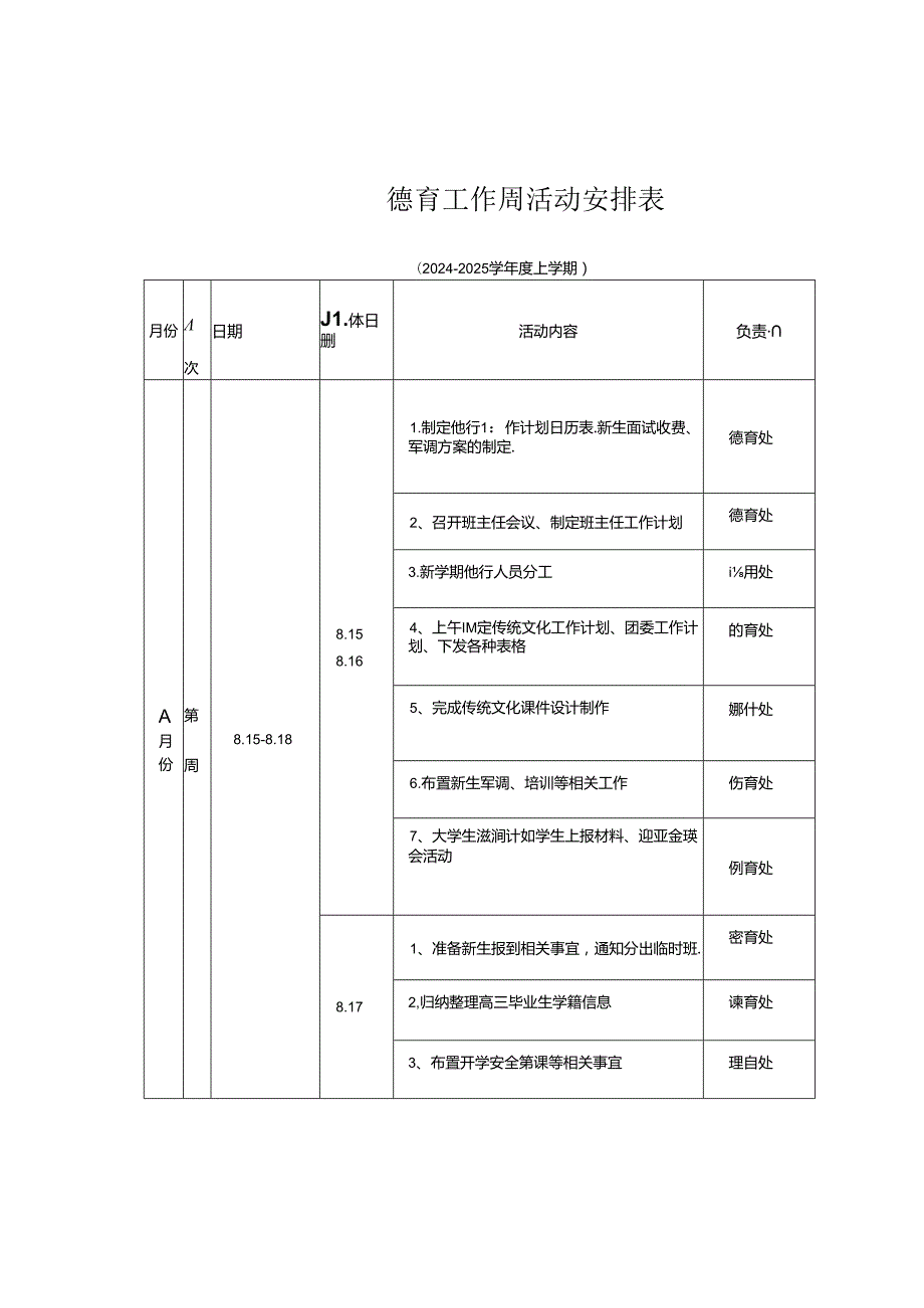 20242025学上学期德育工作周活动安排表.docx_第1页