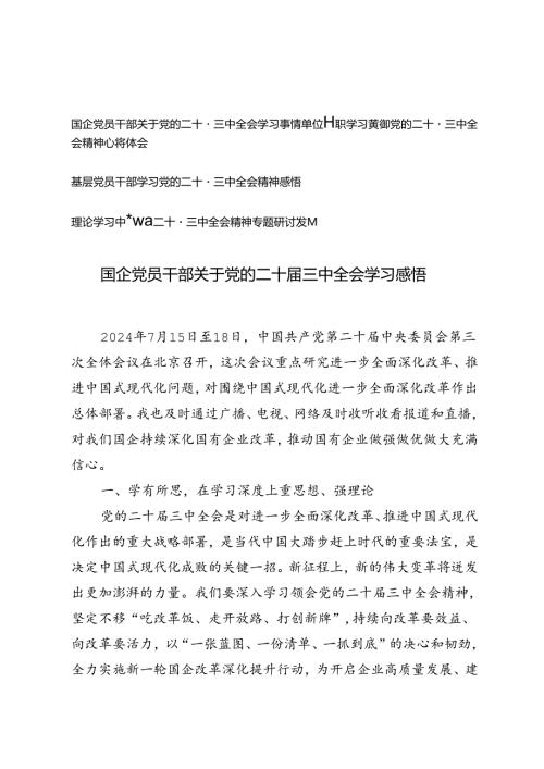 4篇 基层党员干部、国企党员干部、单位副职、理论学习中心组关于党的二十三中全会学习心得体会感悟研讨发言.docx