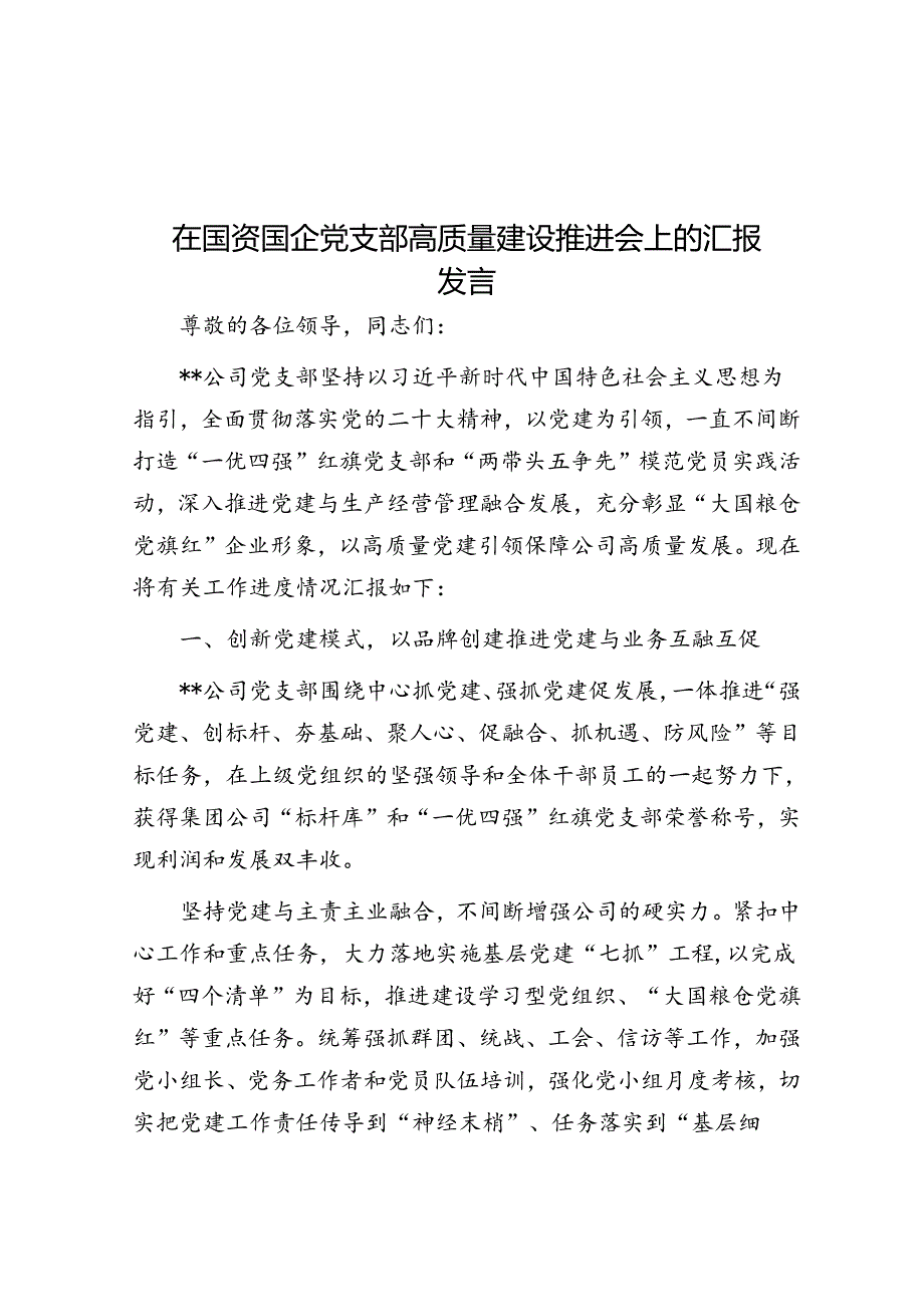 在国资国企党支部高质量建设推进会上的汇报发言(1).docx_第1页