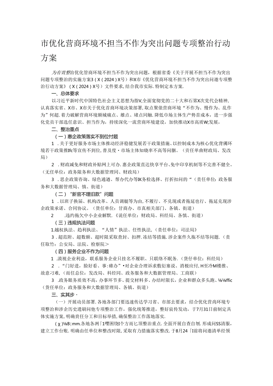 市优化营商环境不担当不作为突出问题专项整治行动方案.docx_第1页