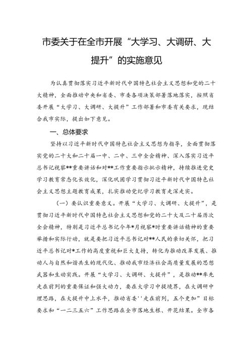 市委关于在全市开展“大学习、大调研、大提升”的实施意见(1).docx