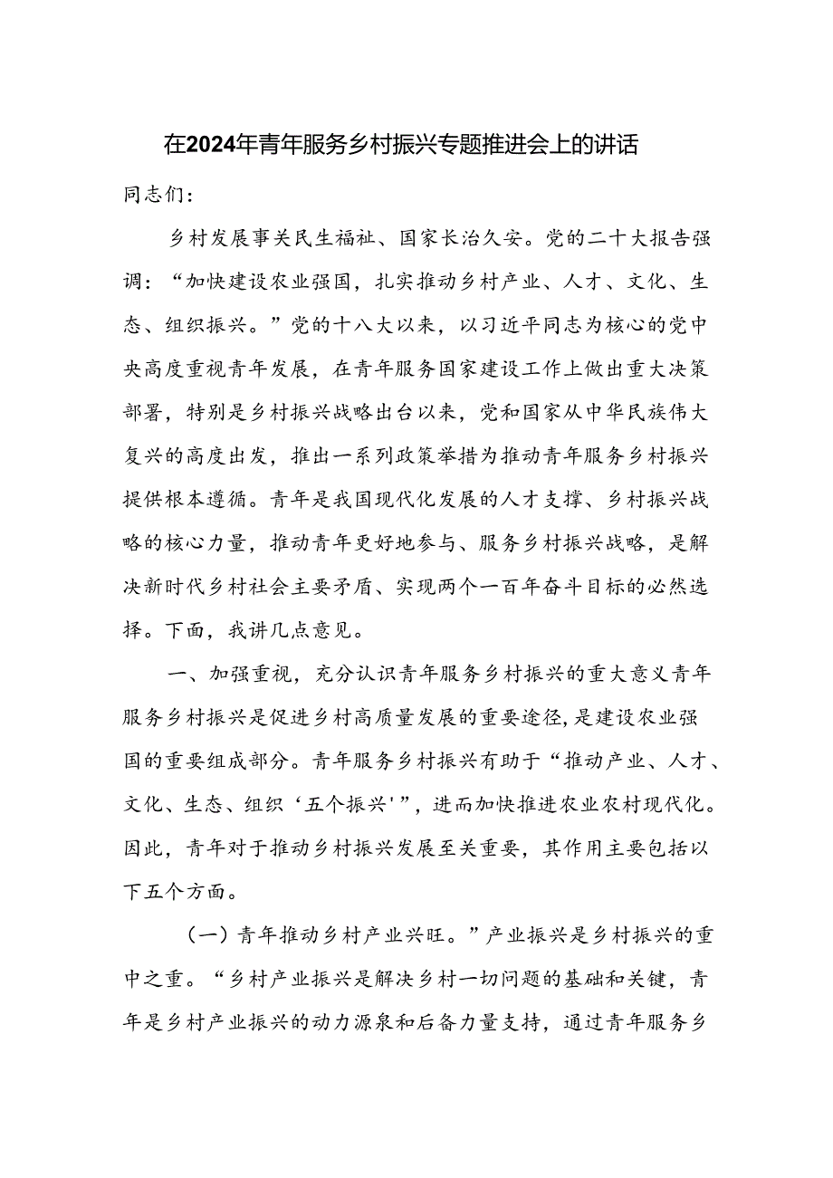 在2024年青年服务乡村振兴专题推进会上的讲话.docx_第1页