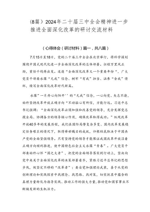 （8篇）2024年二十三中全会精神进一步推进全面深化改革的研讨交流材料.docx