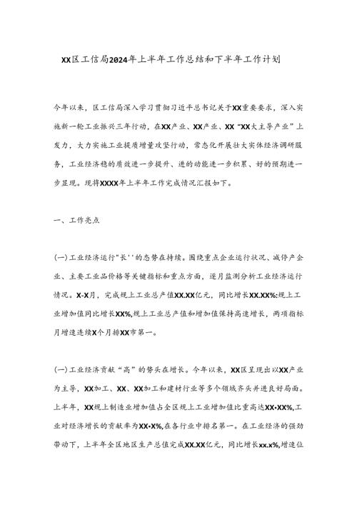 XX区工信局2024年上半年工作总结和下半年工作计划.docx
