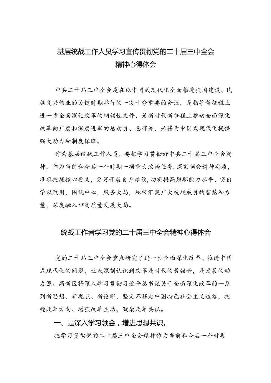 基层统战工作人员学习宣传贯彻党的二十三中全会精神心得体会（共五篇）.docx_第1页