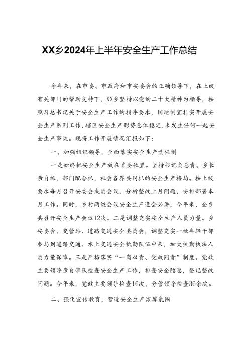 XX乡2024年上半年安全生产工作总结.docx