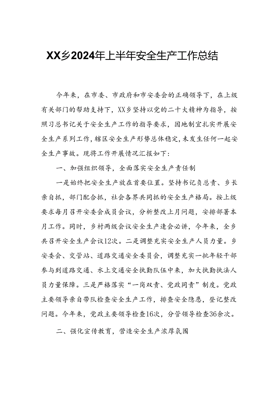 XX乡2024年上半年安全生产工作总结.docx_第1页