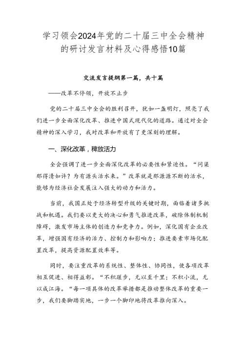 学习领会2024年党的二十三中全会精神的研讨发言材料及心得感悟10篇.docx