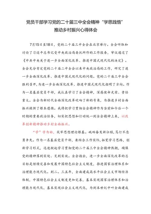党员干部学习党的二十三中全会精神“学思践悟”推动乡村振兴心得体会感想研讨发言.docx