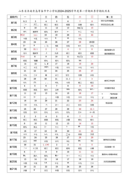 山东省济南青岛淄博枣庄东营烟台潍坊济宁泰安威海日照临沂德州聊城滨州菏泽市中小学校20242025学第一学期季学期校历表教育教学工作日历表.docx
