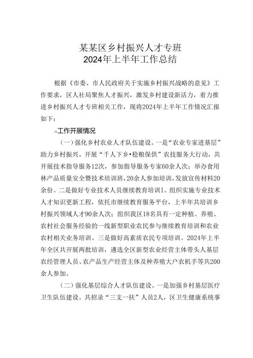 某某区乡村振兴人才专班2024年上半年工作总结.docx
