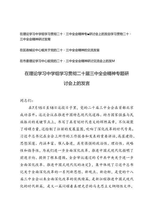 4篇通用 2024年在理论学习中学组学习贯彻二十三中全会精神专题研讨会上的发言.docx